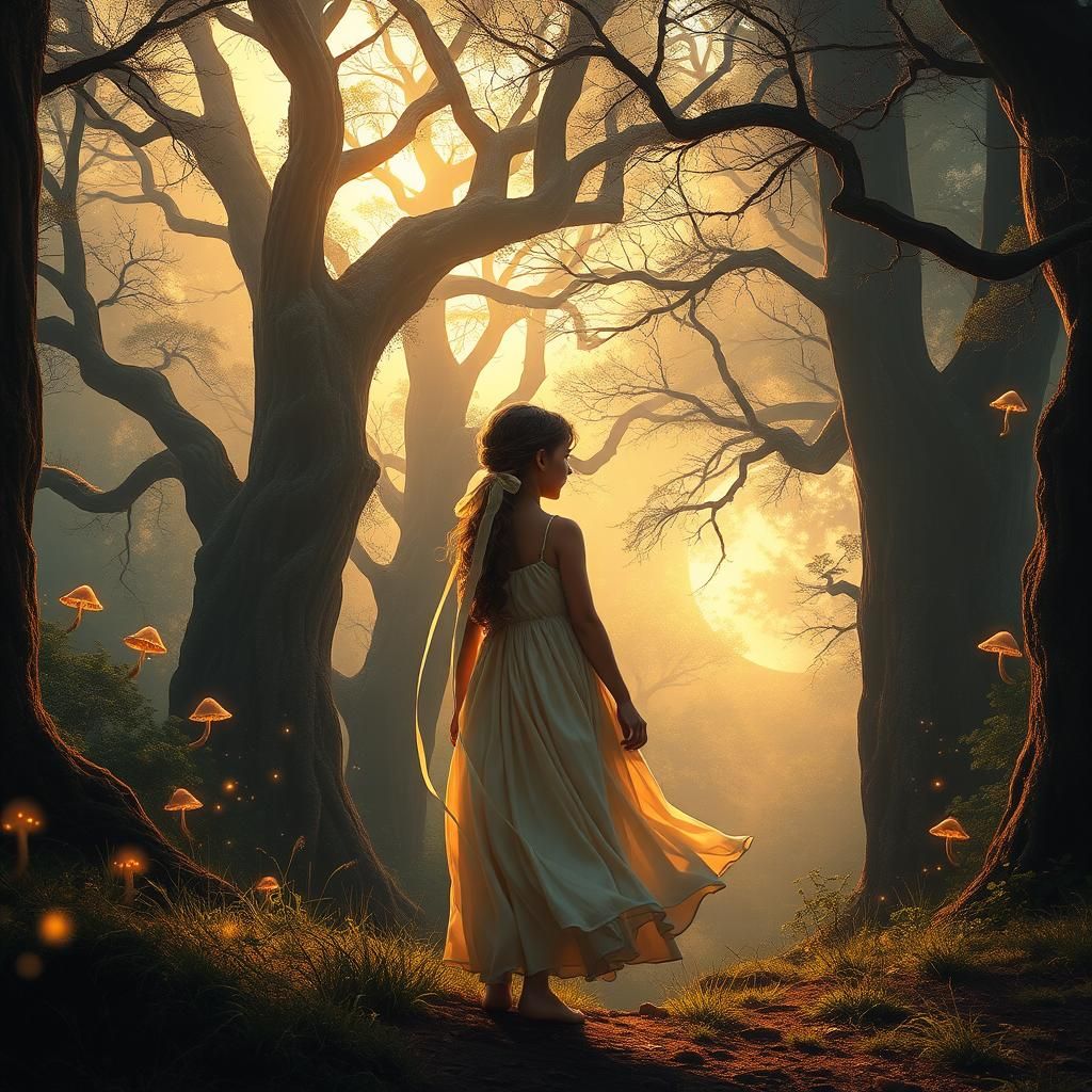 Mystical Forest Girl in Sunset Light