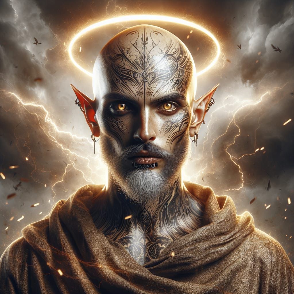 Epic Elf Monk Portrait with Lightning Halo