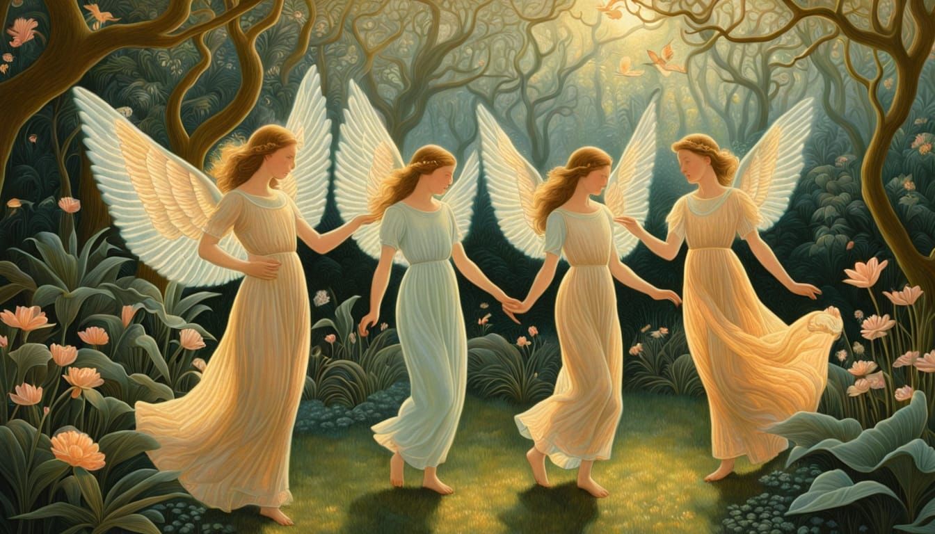 Angels Dancing in Ethereal Light, Surreal Garden Scene