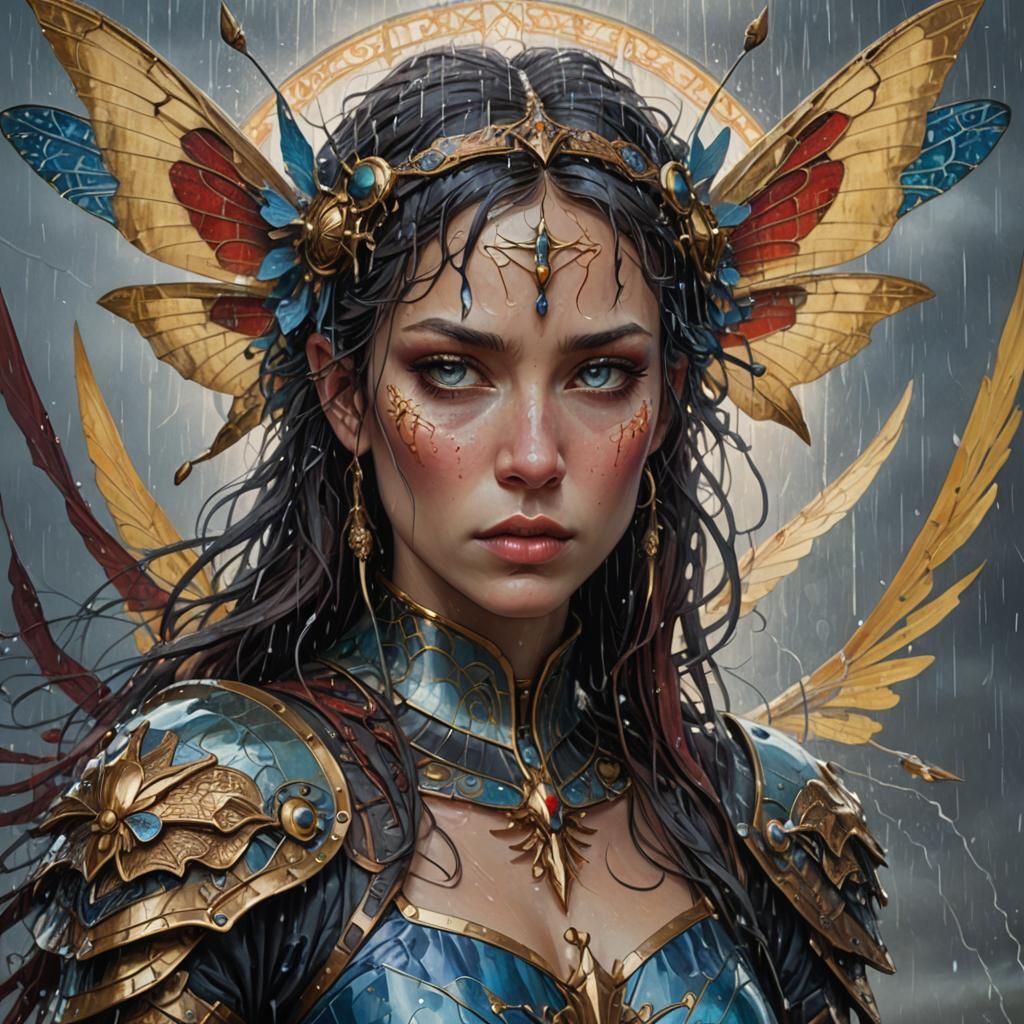 Dragonfly Warrior in Rain, Art Nouveau Portrait