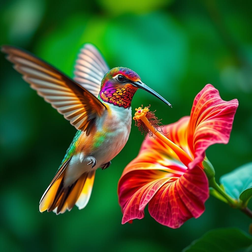 Hummingbird with Hibiscus Flower in Hyperrealism