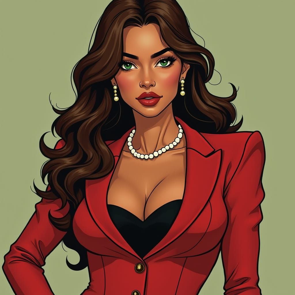 Woman in Red Power Suit in Art Nouveau Style