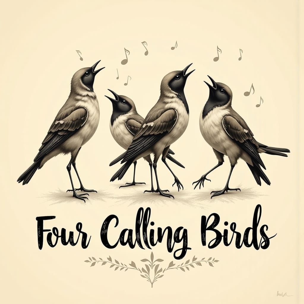 Four Calling Birds in Whimsical Charcoal Illustration
