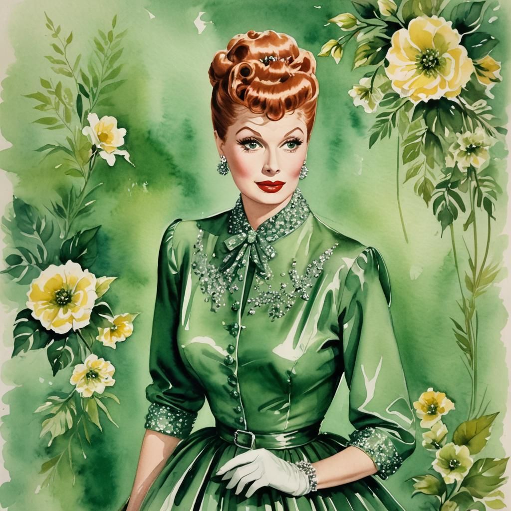Watercolor Lucille Ball in Fifties Hollywood Studio