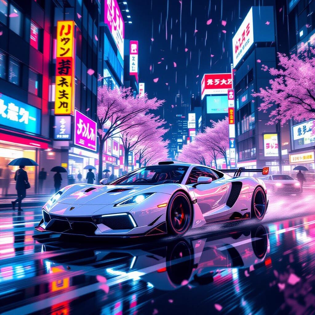 Sci-Fi Sports Car Speeds Through Neon Tokyo Streets