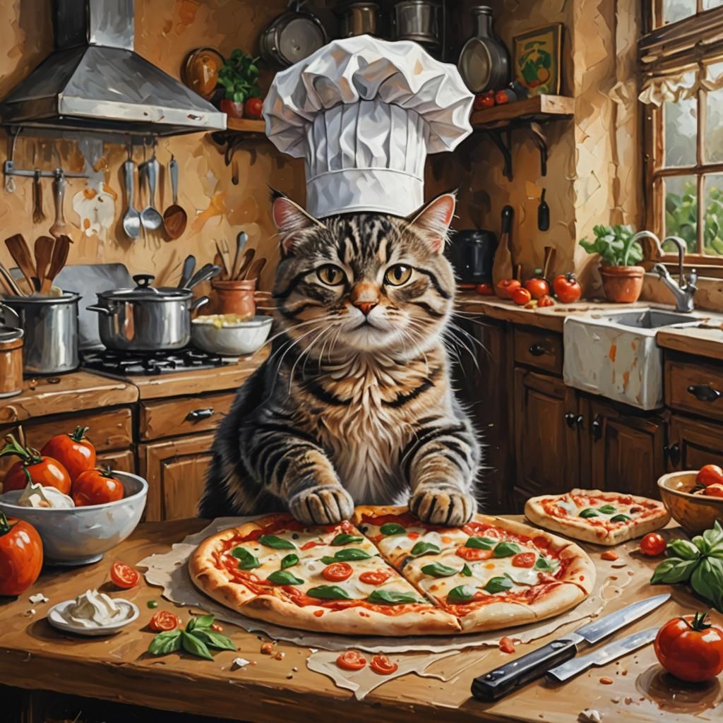 Cat Chef Making Pizza: Detailed Oil Painting