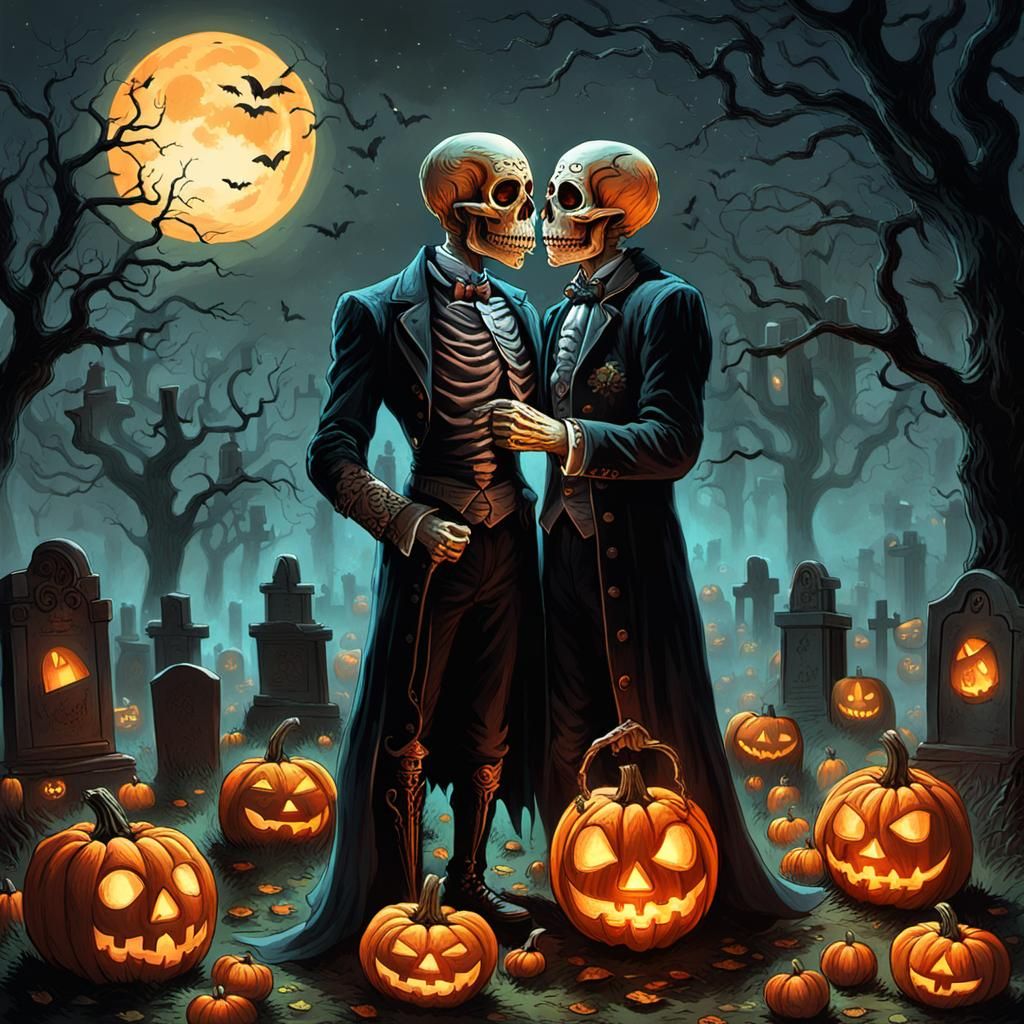 Gay Sugar Skull Kiss in Jack-o'-Lantern Graveyard