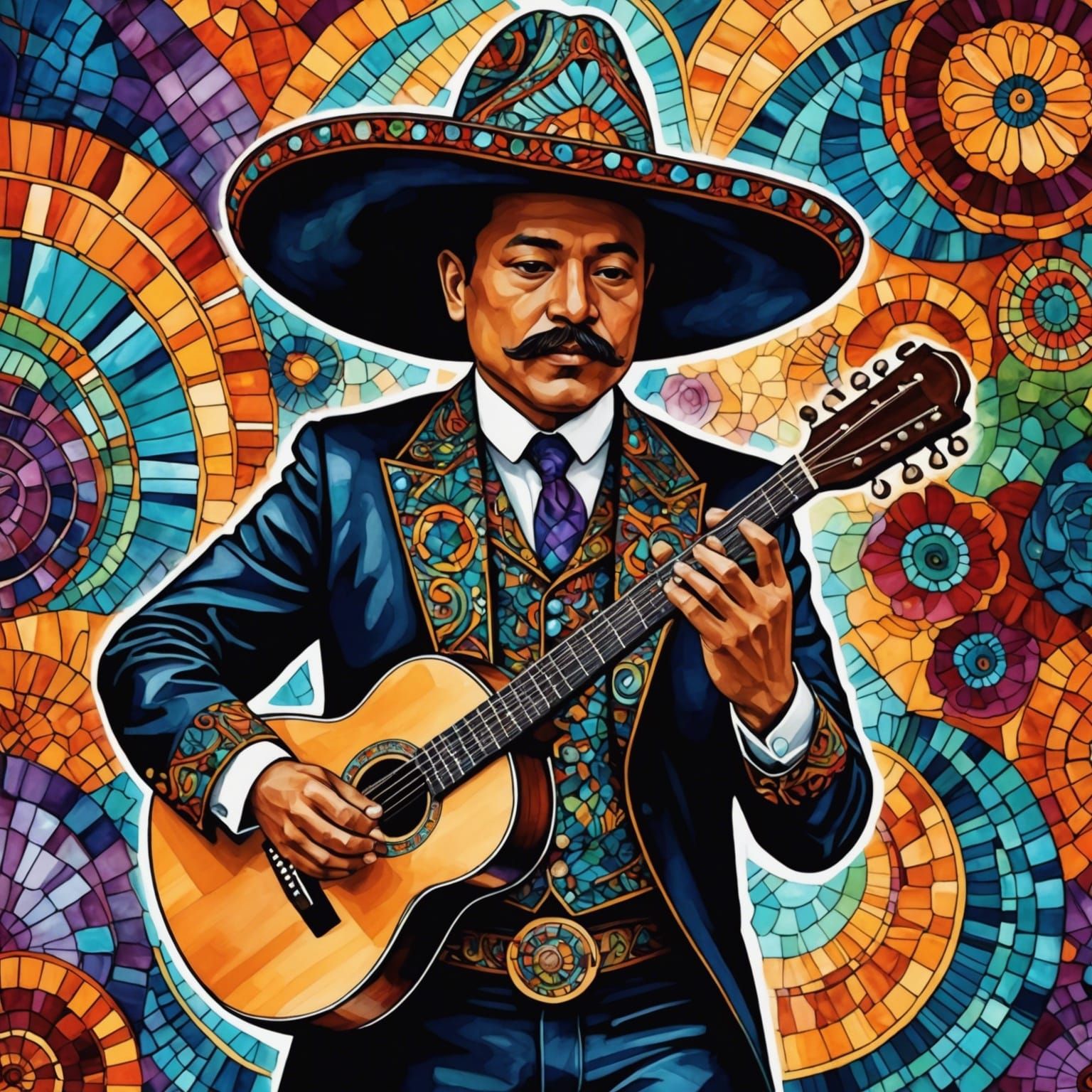 Crystalline mariachi, alcohol ink, hyperdetailed,🎻🪇, sombreros,zentangles,diego rivera, maria thomas