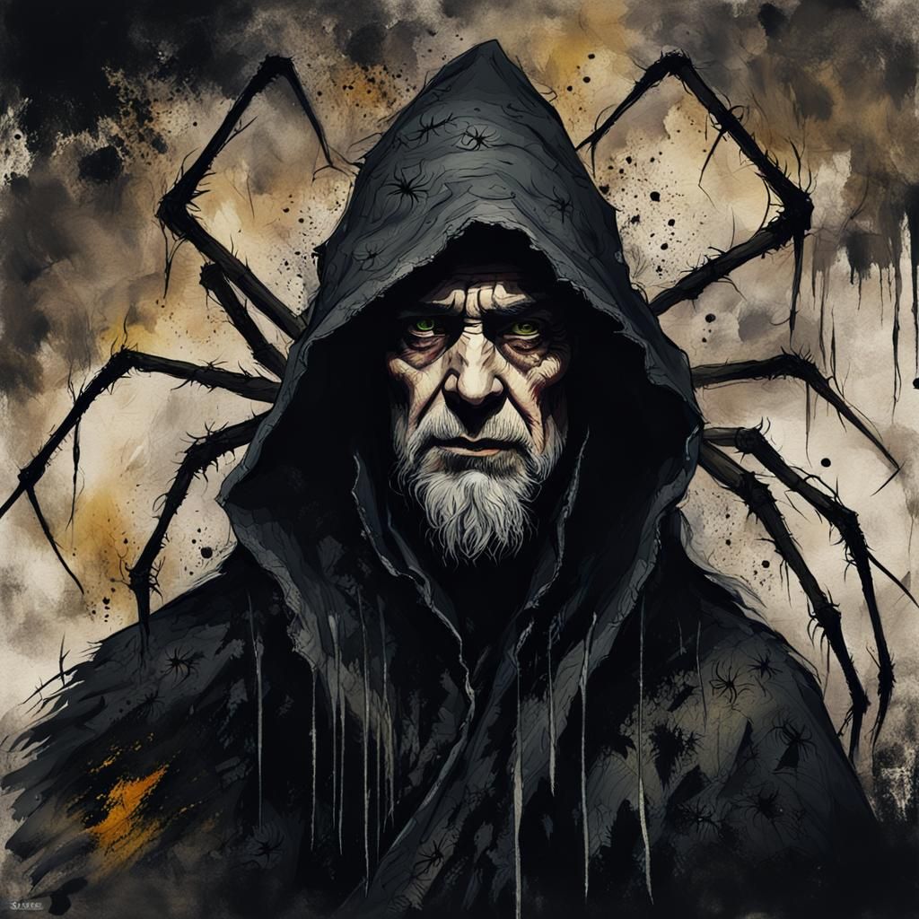 Gothic Wizard Portrait with Spiders in Grunge Style