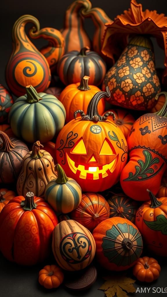 Ornate Gourds and Jack-o'-Lantern in Mystical Style