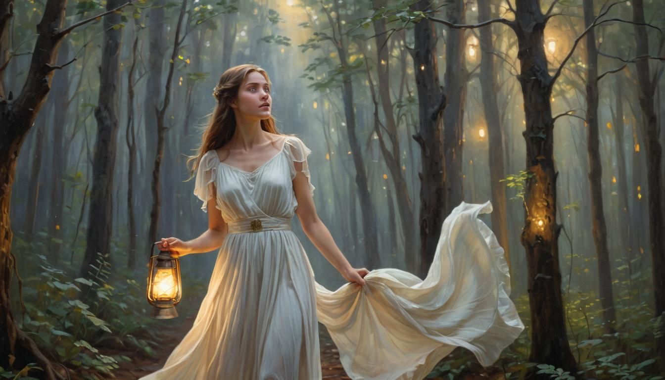 Woman with Lantern in Mystical Forest, Impressionist Oil Pai...