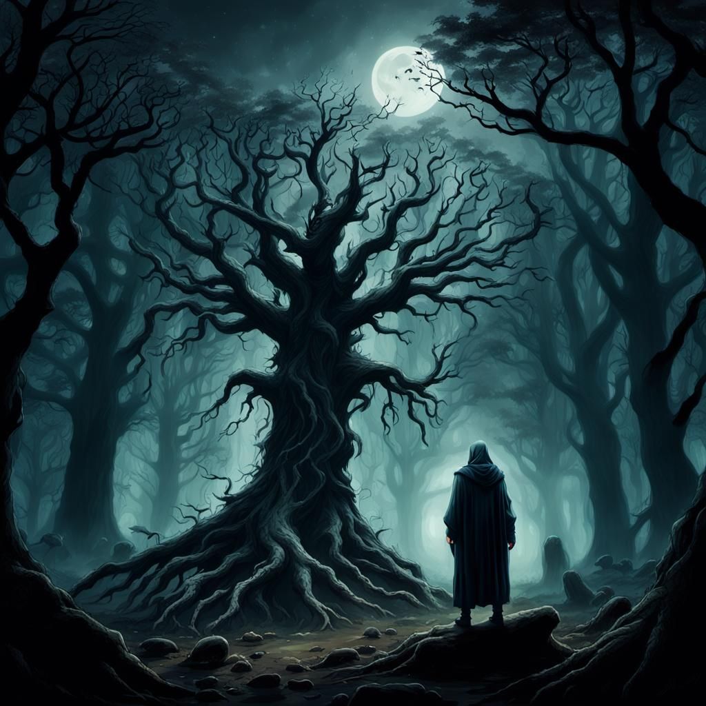 Druid Surrounded by Whispers in the Eerie Woods