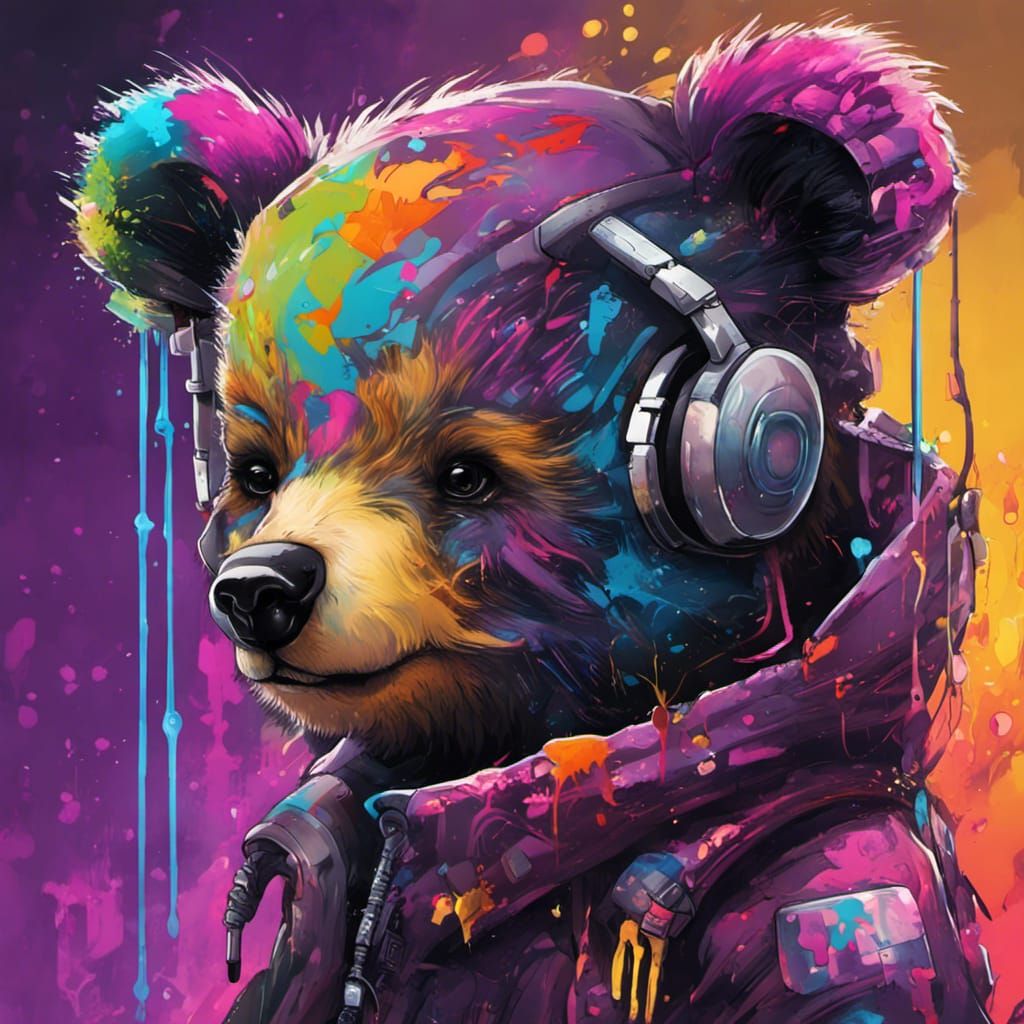 Cyberpunk Bear Cub Graffiti Splash Art