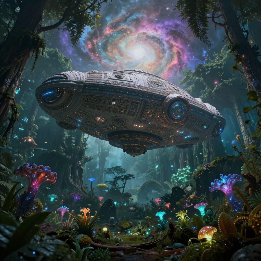 Ancient Spaceship Over Primeval Forest in Surreal Style
