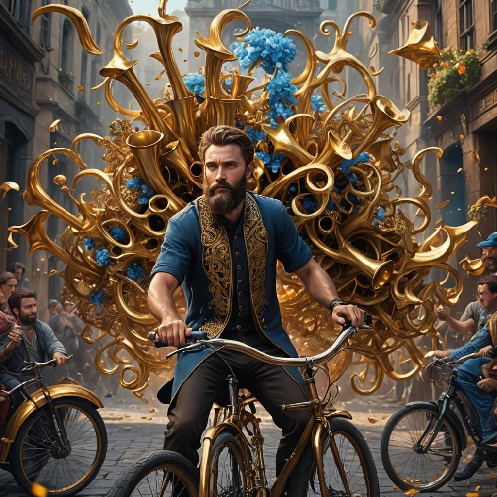 Man on Bicycle Surrounded by Golden Trumpets