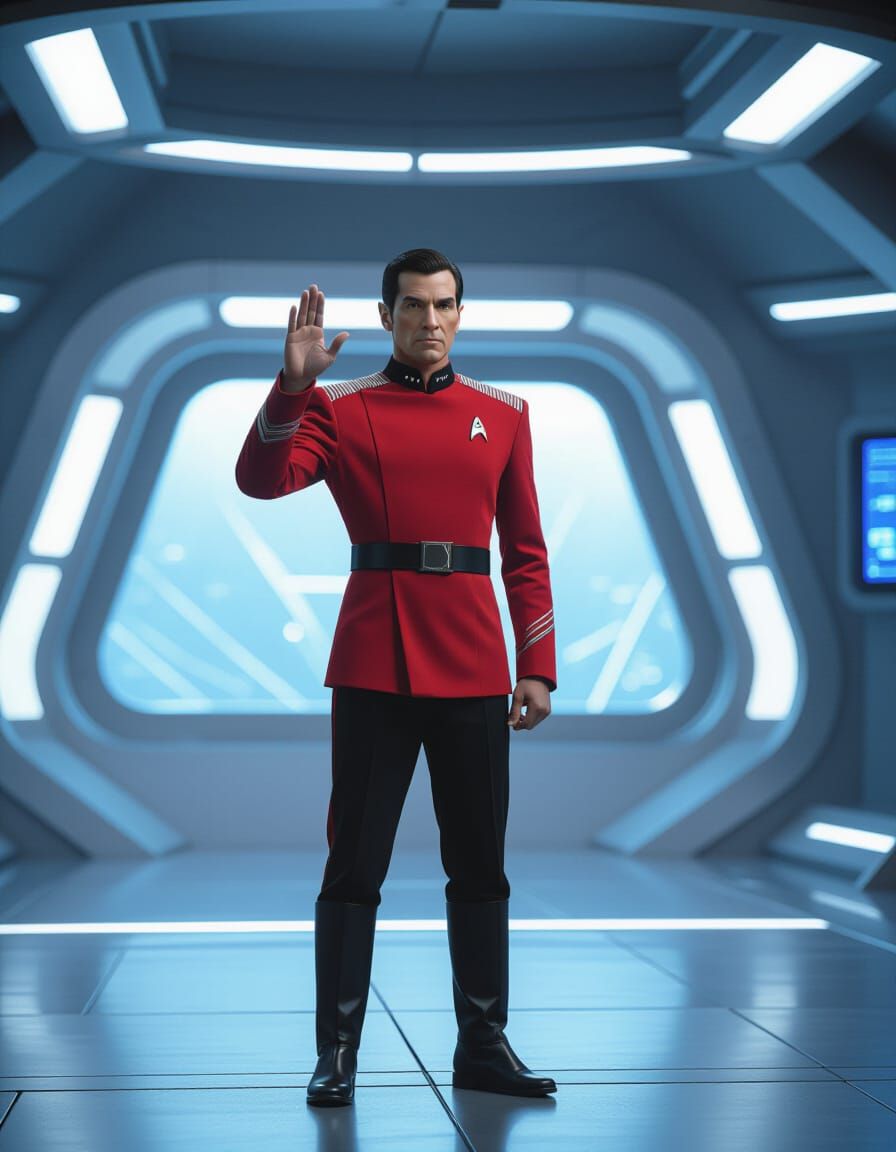Vulcan First Officer Performs Vulcan Salute in DS9 Uniform