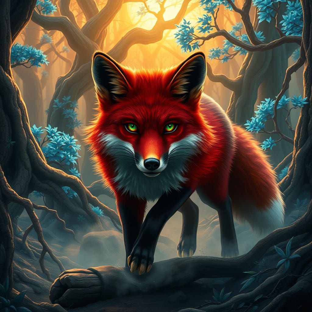 Majestic Burgundy Fox in Ancient Whimsical Forest
