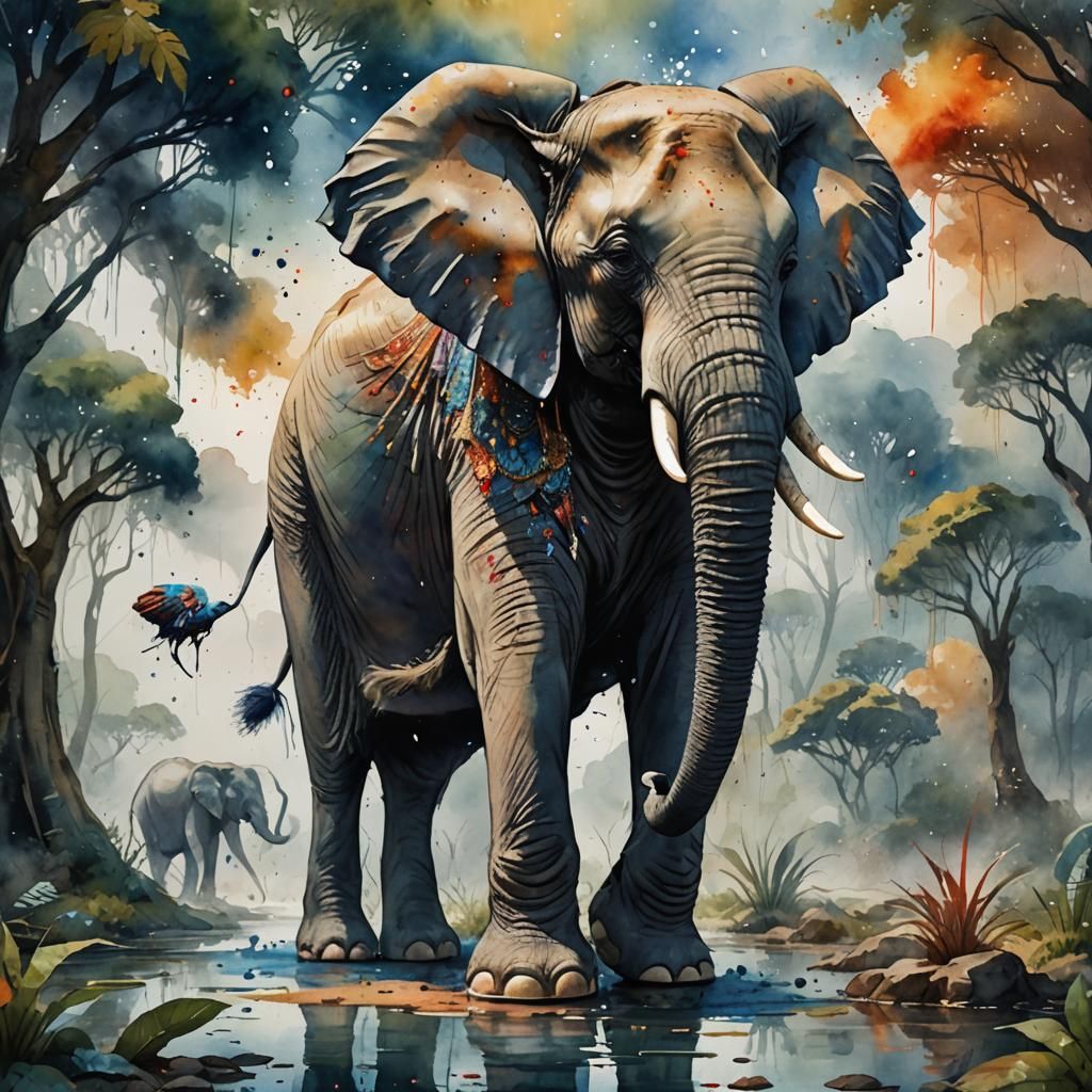 Detailed Watercolour Painting of an Elephant