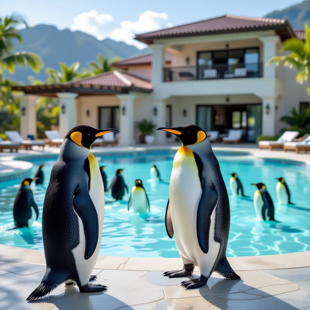 Penguins' Joyful Villa Getaway in Hyper-Realistic Detail