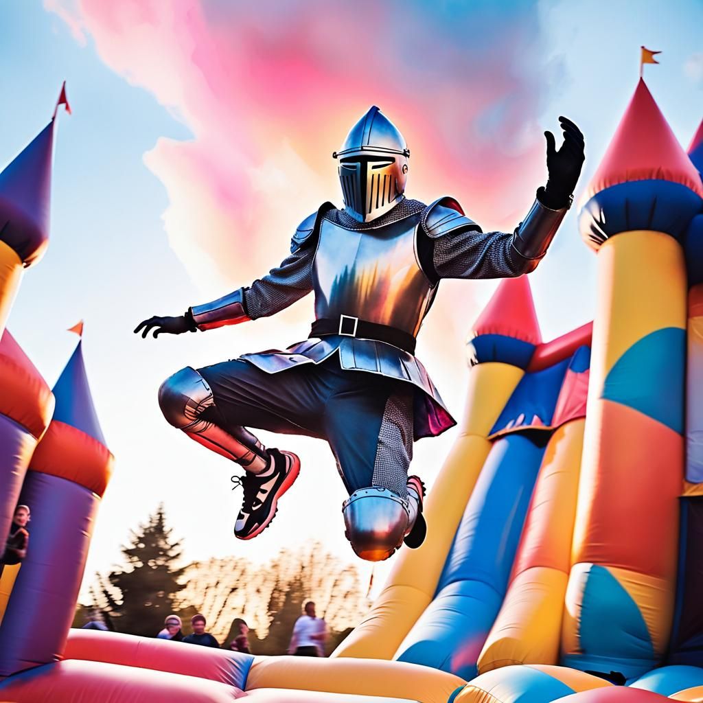 Knight's Leap: Bouncy Castle Action in Watercolor Style
