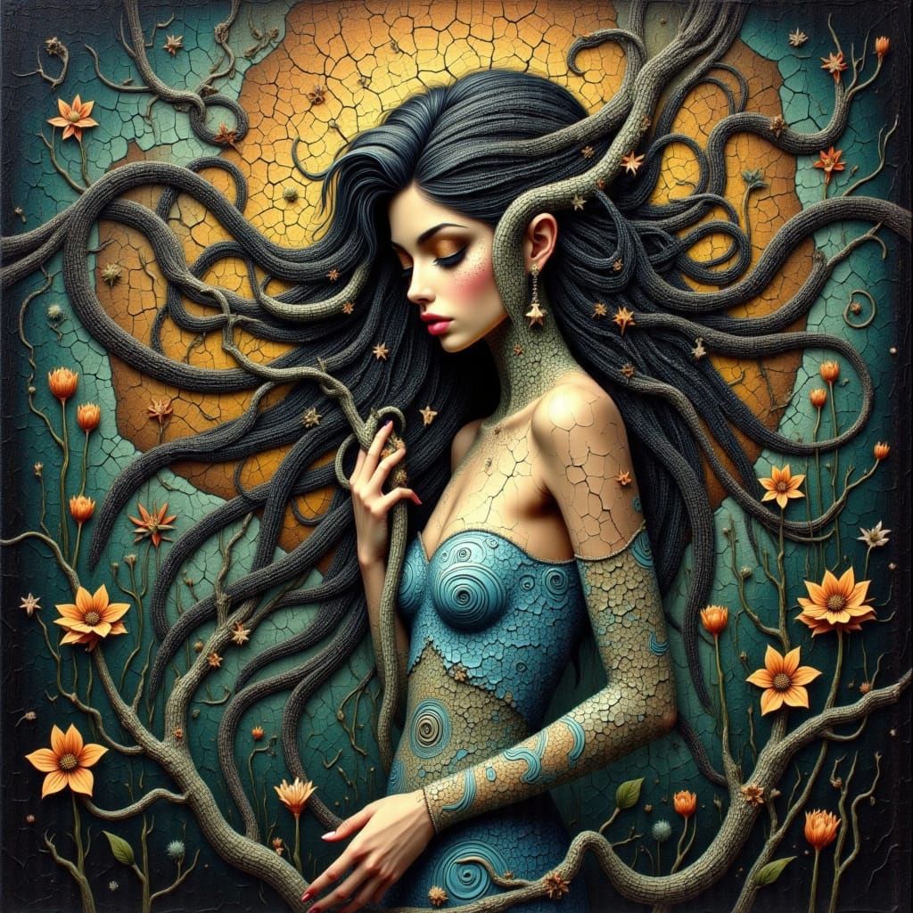 Ethereal Woman with Starry Hair in Surrealist Oil Painting