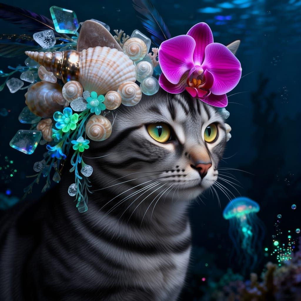 Tabby Cat With Seashells and Orchid