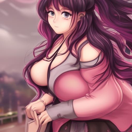 Curvy Woman in Pink Blouse: Detailed Digital Painting