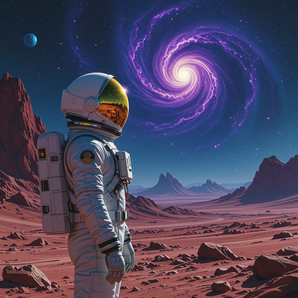 Astronaut on Alien Planet Gazing at Nebula