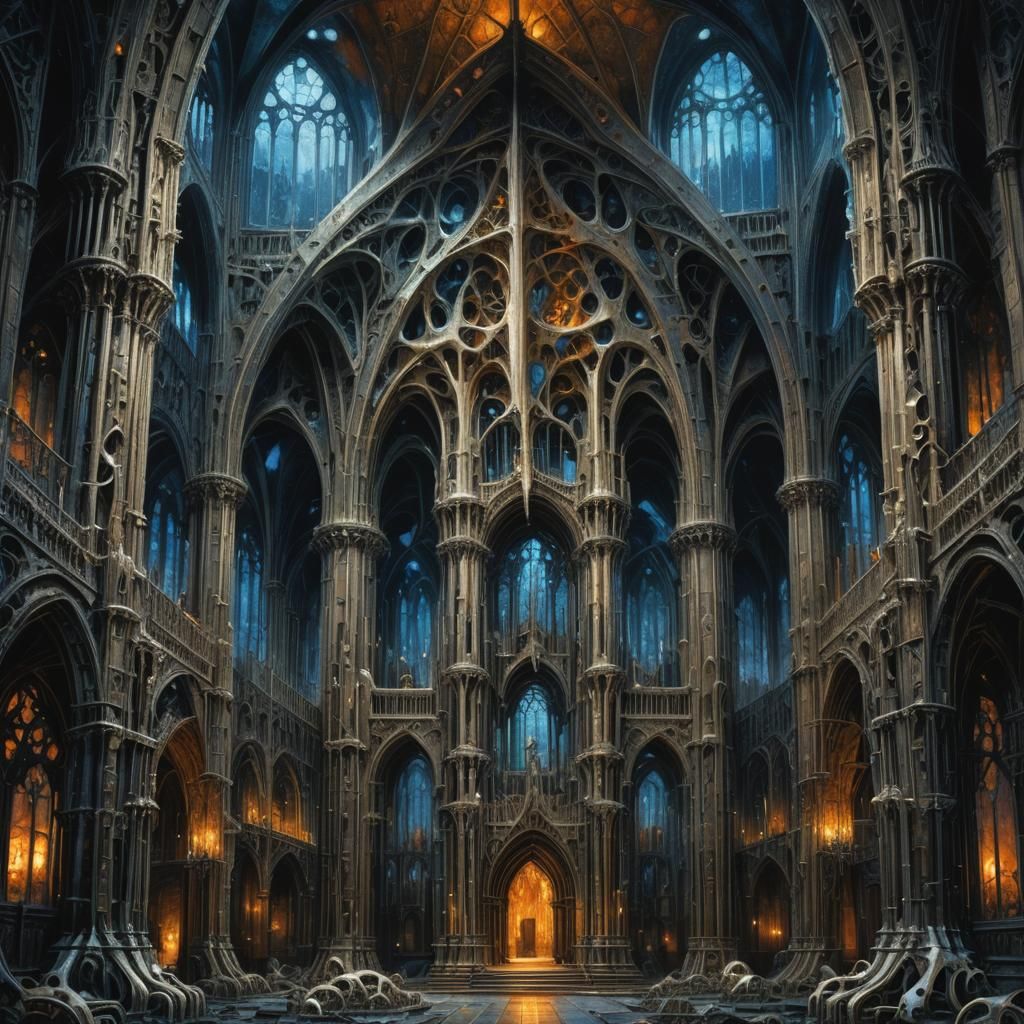 Eerie Gothic Cathedral of Bones in Bioluminescent Light