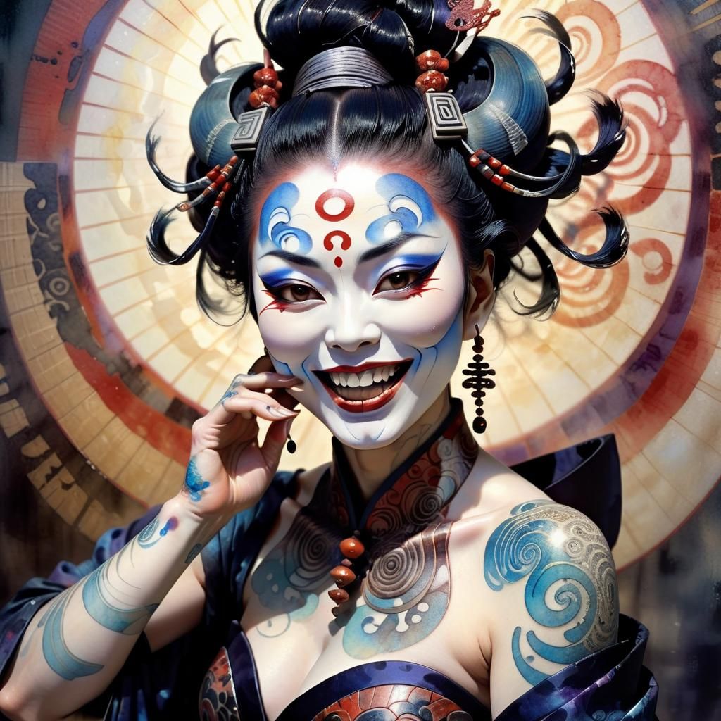 Fantasy Kabuki with Tattoos in Psychedelic Art Style