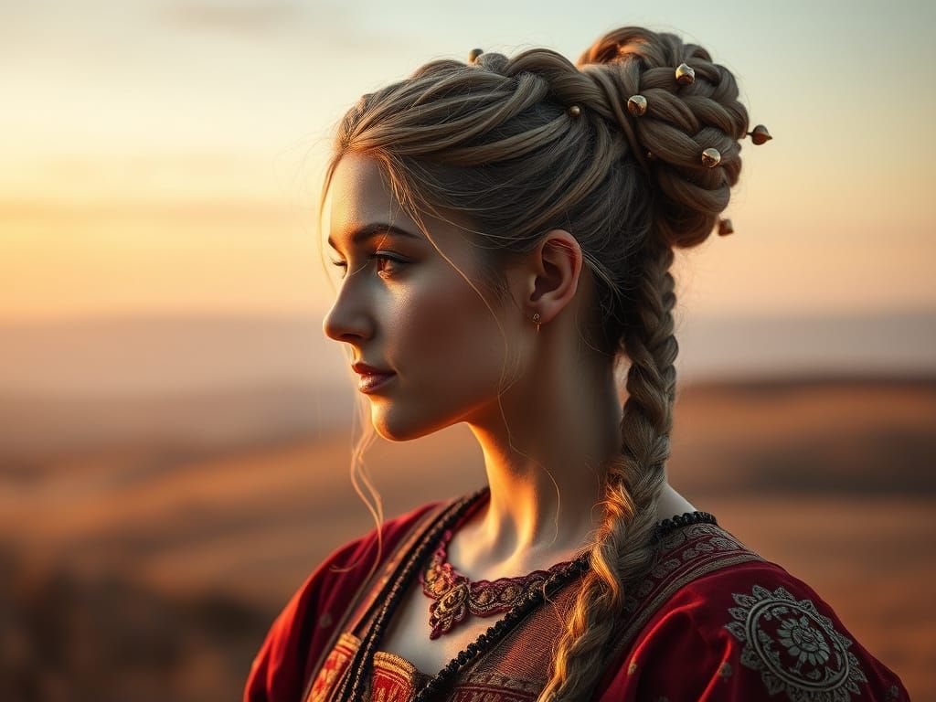 Beautiful woman dressed in 800s A.D. fashion and wearing hai...