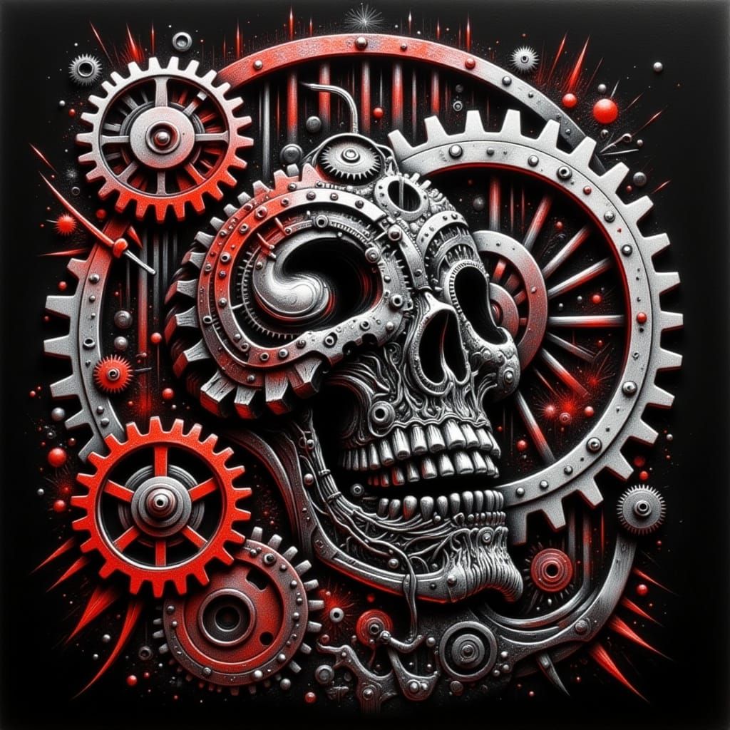 Surreal Mecha Skull with Gears in Pastel Charcoal Style