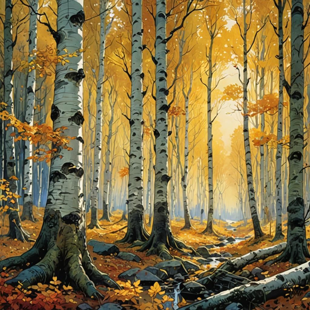 Mystical Birch Forest in Autumnal Watercolor Style