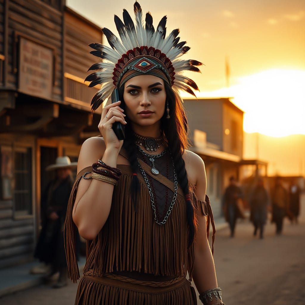 Wild West Apache Warrior with Mobile Phone, Captured in Cine...