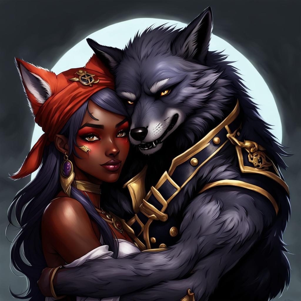 Ebony Fox Girl Cuddled by Werewolf Pirate