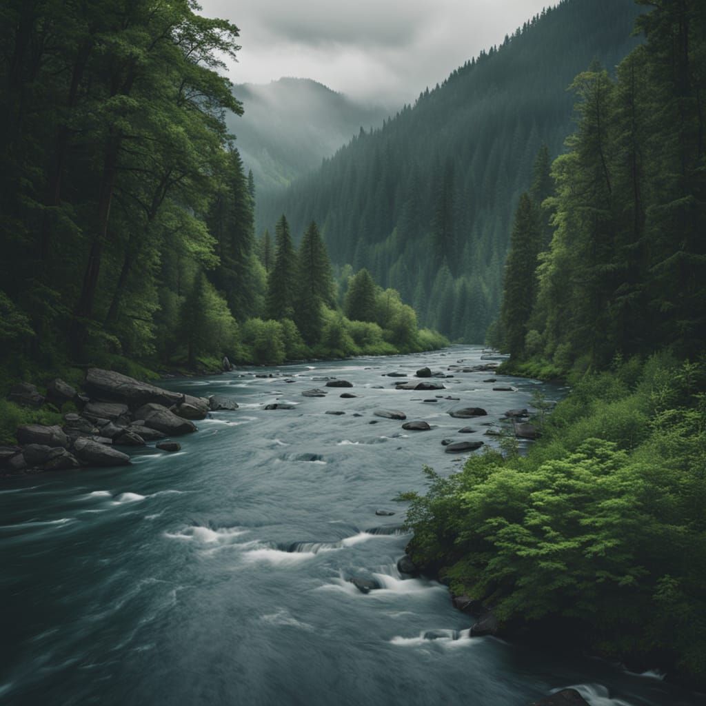 Majestic River in Lush Forest - Photorealistic Landscape