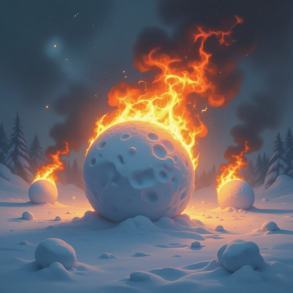 Fiery Snowballs in Dark Surrealist Style