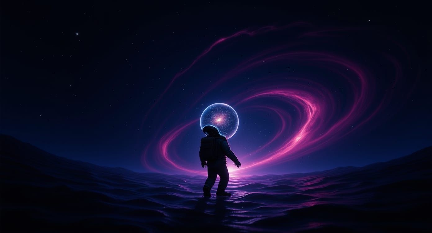 A lone astronaut adrift in a cosmic ocean, surrounded by neb...
