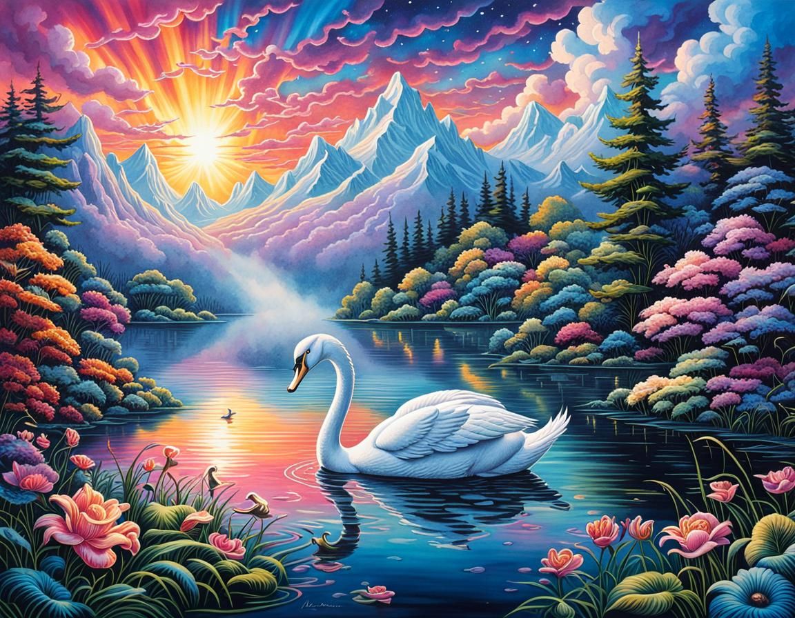 Trumpet Swan on Lake: Cel-Shaded Watercolor Ink Drawing