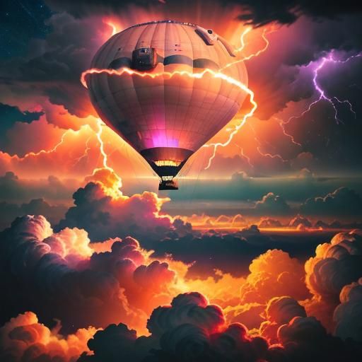 Airship Zeppelin Balloon in Stormy Nebula, Cinematic Lightin...