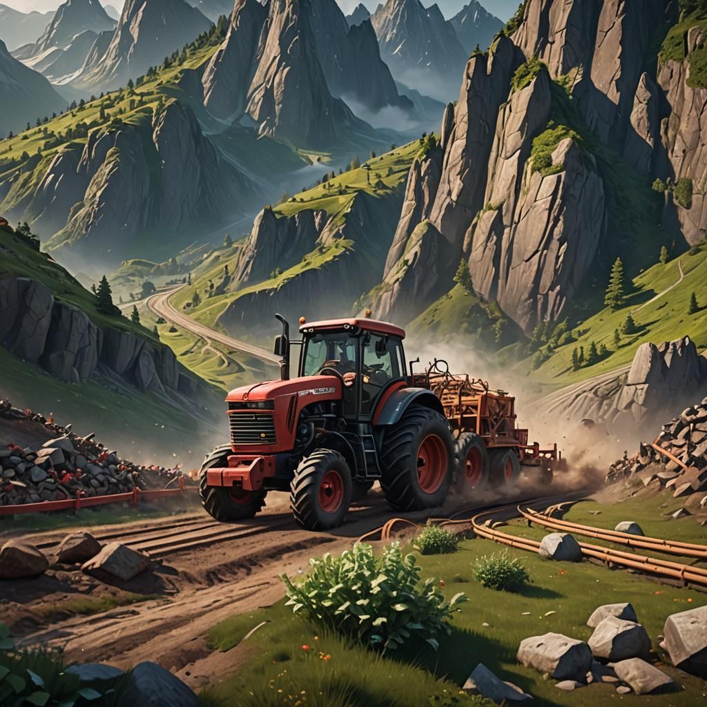 Tractor Pull in Mountain Landscape: Detailed Matte Painting