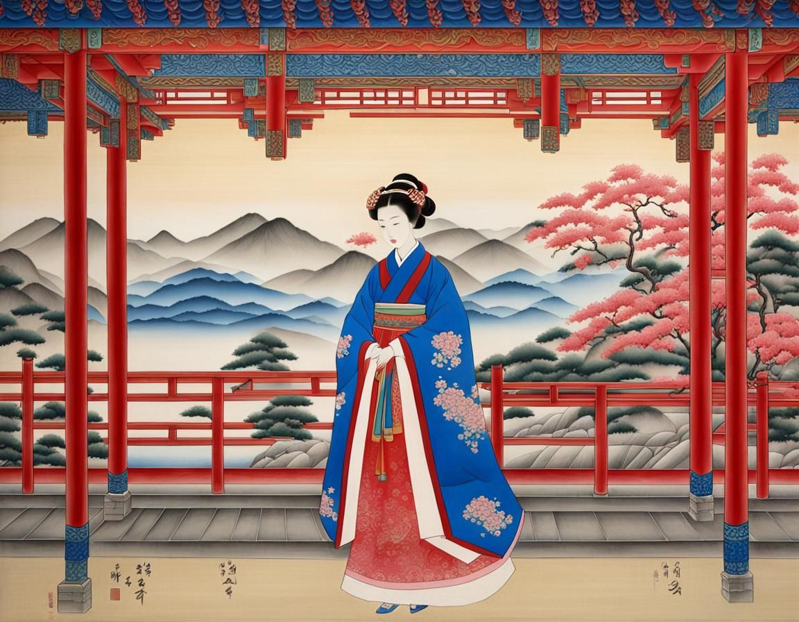 Silk Painting of Korean Princess with Temple