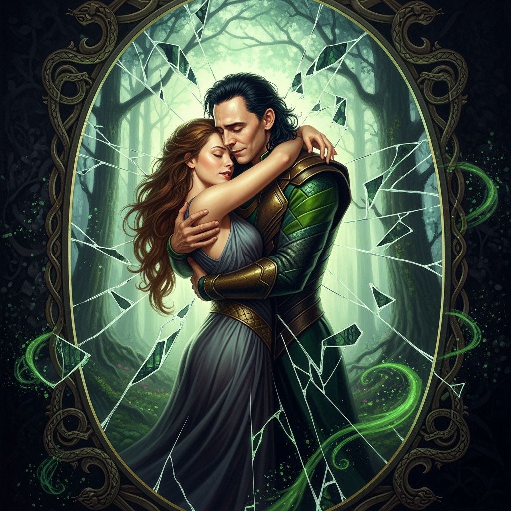 Loki Embraces Woman in Cracked Mirror