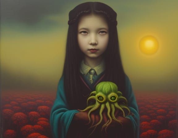 Girl with Eldritch Pet: Surrealist Horror Portrait