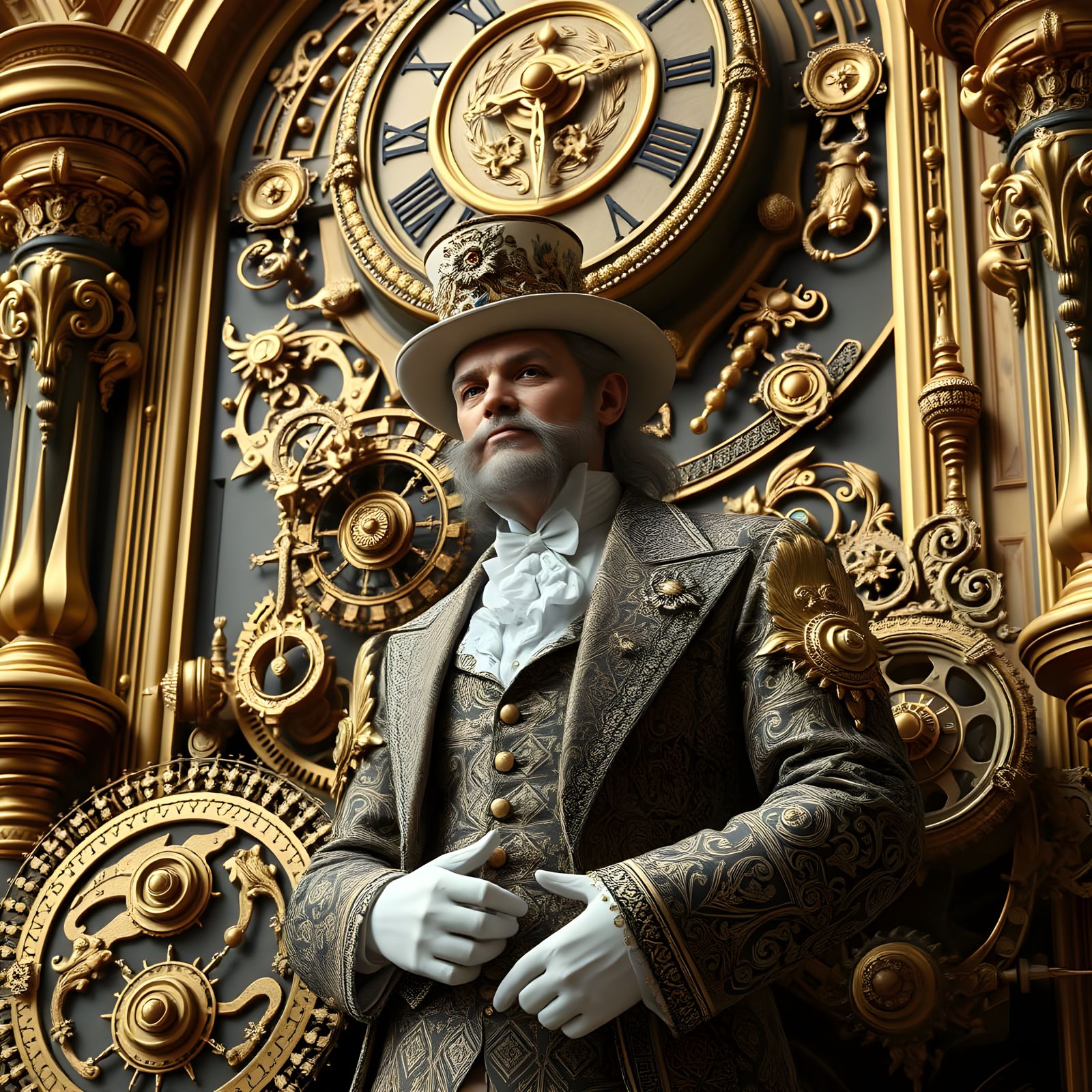 Clockwork Figure in Baroque Setting, Hyperrealistic