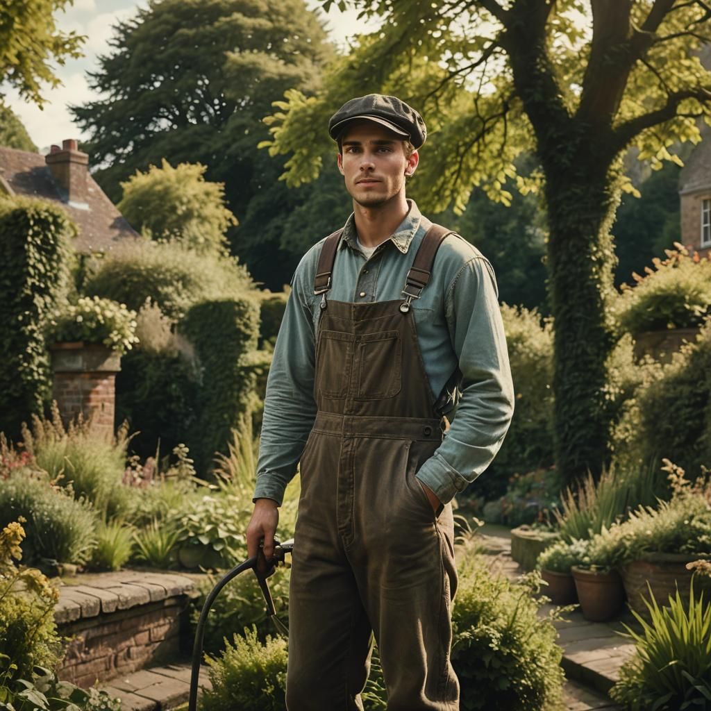 Chimney Sweep on English Country House Roof