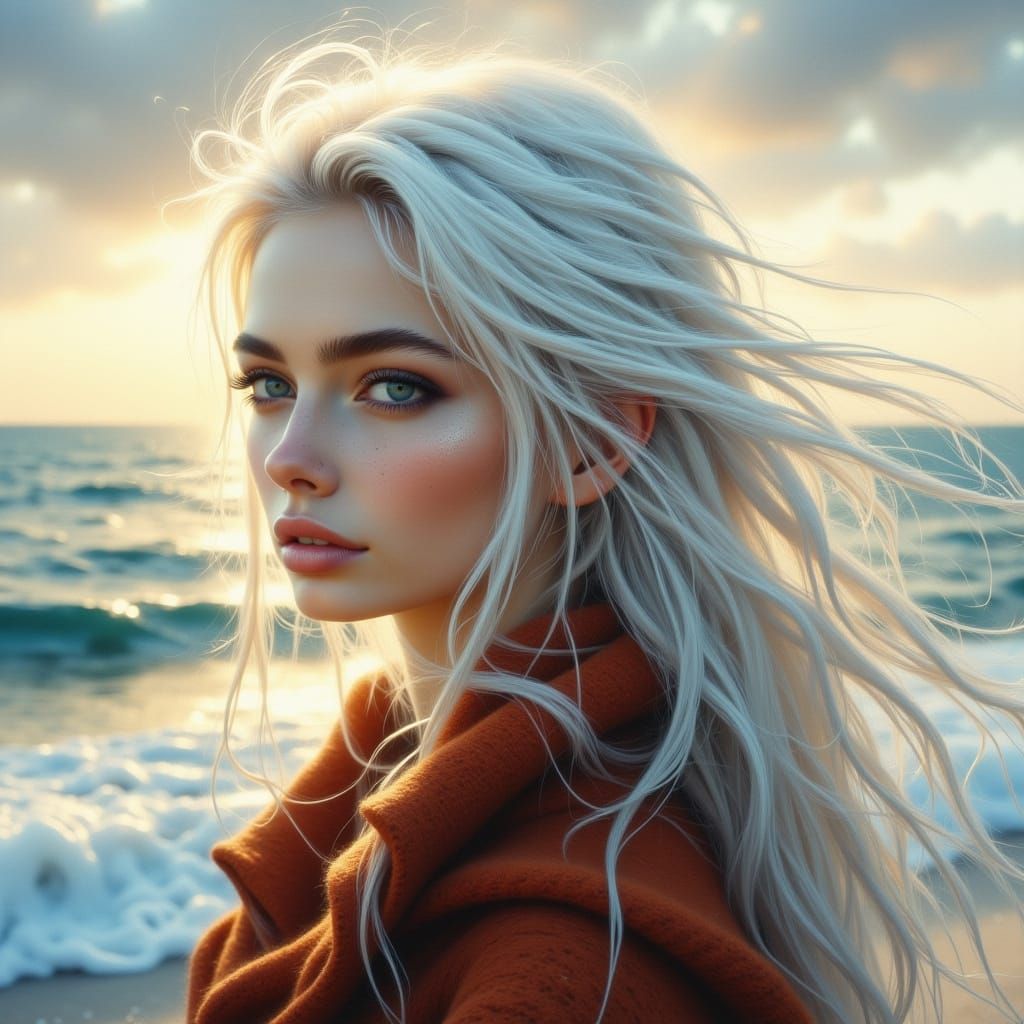Albino Woman Gazes at Horizon in Anime Style