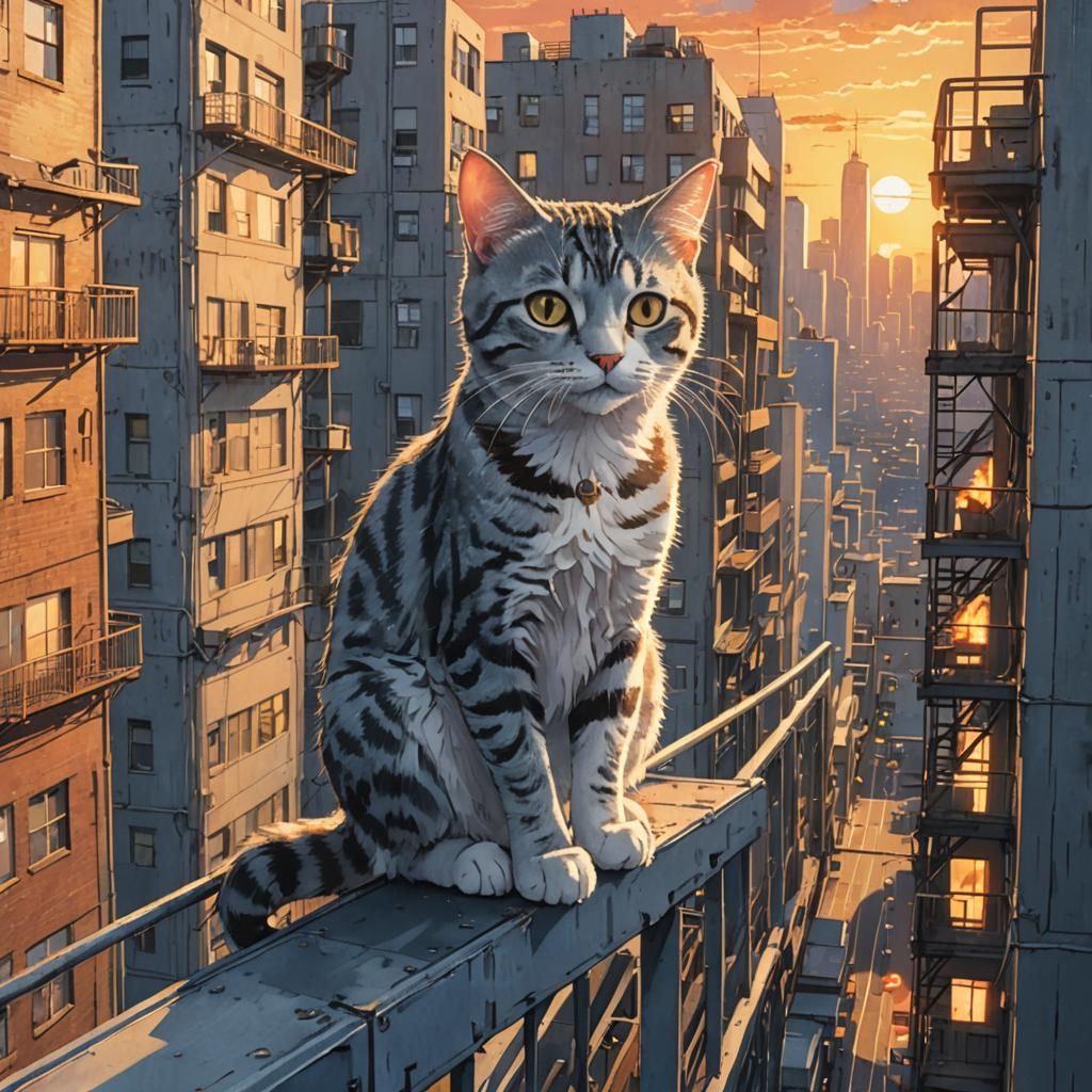 Anime Cityscape with Cat in Watercolor Style