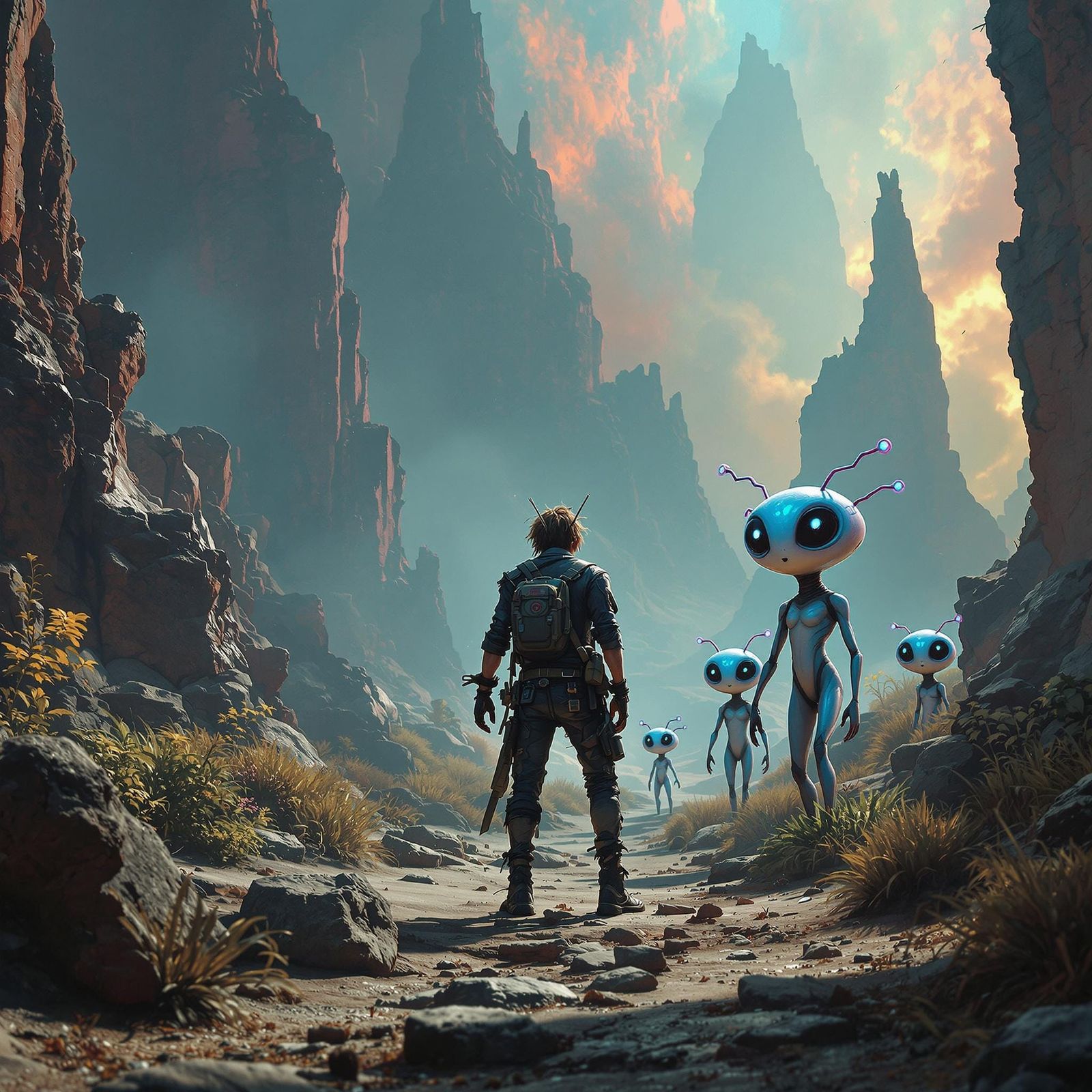 Grunge Alien Encounter in Futuristic Landscape