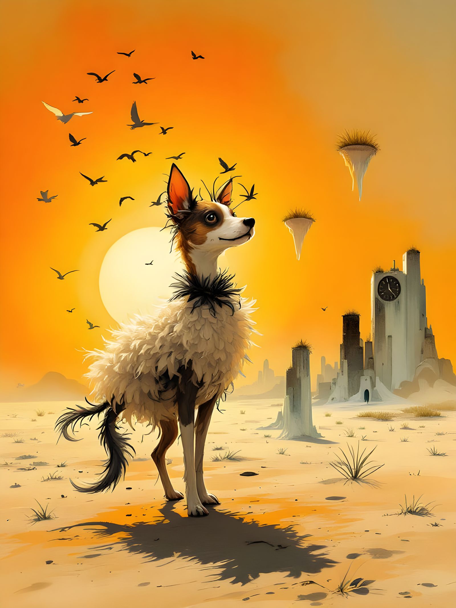 Whimsical Dog in Feather Skirt on Surreal Terrain